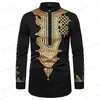 Men's Casual Shirts Ethnic Style Men Casual Long Sleeve Luxury Gold Floral Print Henley Shirt Stand Collar African Dashiki Shirt T240126