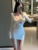 Vestidos Casuais Womengaga Branco Sexy Spicy Girl Nightclub Hollow Open Peito Elástico Manga Longa Curto Vestido Apertado Elegante para Mulheres Tops