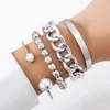 Link pulseiras multicamadas imitação pérola tubo curvo pulseira conjunto para mulheres meninas ouro prata cor personalidade artesanal frisado