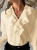 Women's Blouses Elegant Ruffles Blouse Fashion Petal Sleeve V Neck White Shirt 2024 Spring Summer Office Ladies Shirts Solid Color Tops