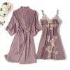 Damen-Nachtwäsche, Sommer, 2 Stück, Nachthemd, Bademantel, Schlafanzug, sexy Damen-Satin-Robe, Kleid-Sets, Spitze, Blumen-Nachthemd, Kimono, Zuhause