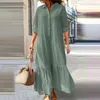 Robes décontractées Printemps Coton Lin Bouton Chemise Robe Vintage Solide À Manches Longues Plissée Dame Col Rabattu Robe Lâche