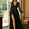 Casual Dresses Elegant Banket Elegance Ladies Autumn Black Silk Mesh Sequin Display Event Evening Dress Long Women's