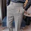 Men's Pants Long Li Mid-high Waist Slim-fit Plaid Trousers Light Luxury Wide Belt Slightly Small Straight Casual Trend