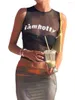 Damen Tanks Kimydreama Frauen Sexy Sheer Mesh Durchsichtige Tank Tops Ärmellos Briefdruck Sommer Crop Vest Streetwear (Schwarz M)