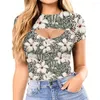 Camisetas para mujer, camiseta Sexy a la moda, jersey de manga corta calada, camisetas con estampado de leopardo 3D, camisetas ajustadas con cuello redondo y flores