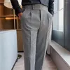 Men's Pants Long Li Mid-high Waist Slim-fit Plaid Trousers Light Luxury Wide Belt Slightly Small Straight Casual Trend