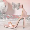 Sandals Crystal Butterfly Ankle Strap Women Pink Silk High Heels Elegant Party Wedding Shoes Woman Sexy Open Toe Banquet