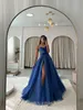 Royal blue prom dress a line high split illusion evening dresses elegant glitter bone bodice beading appliques party dresses for special occasions promdress