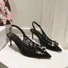 Femme Slingback Talon Aiguille Sandales Strass Dentelle Maille Tissu Bout Pointu Pompes Semelle Extérieure En Cuir Robe Chaussures Femmes De Luxe Designer Soirée 35-42