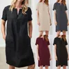 5XL coton lin femmes manches courtes poche robe midi bouton robes solides femme printemps été vintage robes droites 210518