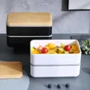 Servies 1400 ml mode houten deksel lunchbox dubbellaags draagbare magnetron Bento gezonde plastic container