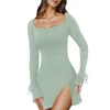 Vestidos casuais mulheres sexy lado fenda vestido quadrado pescoço alargamento manga mini elegante para primavera verão cor sólida vestidos femininos