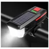 أضواء الدراجة LED LED SOLAR BICYCLE LIGHT USB جبهة قابلة لإعادة الشحن مع قرن الدراجات في الهواء الطلق رئيس IP65 مصباح مقاوم للماء إسقاط تسليم الرياضة OTF7D