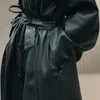 Lautaro Herbst Lange Schwarz Cool PU Leder Trenchcoat für Frauen Gürtel Einreiher Lose Koreanische Mode Großhandel Kleidung 240119