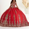 Red Off the Shoulder Ball Gown Quinceanera Dresses Gold Floral Appliques Lace Corset Vestidos De 15 Anos