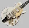 Guitare électrique signature blanche la plus vendue, touche incrustée d'ormeau à triple micro, accessoires argentés, stylets