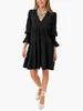 Casual Dresses Women A Line Mini Dress Long Sleeve Loose Fit Solid Color V Neck Trendy Pleated Tiered Short