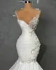 Stilvolle Spaghettiträger, Meerjungfrau-Brautkleider, Perlen-Brautkleider mit abnehmbarer Schleppe, ärmelloses, maßgeschneidertes Brautkleid