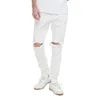 Bottone jeans da uomo con cerniera bianca, gamba strappata, denim da strada