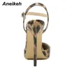 Sandals Aneikeh 2024 New Sexy Pointed Toe Leopard print Pumps Thin High Heel Gladiator Ankle Buckle Strap Party Dress Shoes Brown 35-42 J240126