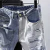 Shorts masculinos de luxo, slim fit, remendos desgastados, calças clássicas de cowboy com vários bolsos e patchwork elástico, shorts jeans lavados J240124