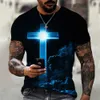 Homens camisetas Christian Camisetas Oversized Camiseta Gótico Jesus Cristo Cruz 3D Impressão O-pescoço Tops Vintage Hip Hop Manga Curta Homens Roupas T240126