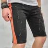 Mäns jeans 2024 Män Hip Hop skarvade raka smala shorts Male Stylish Speckle Ink Printed Streetwear Casual Beach Denim