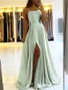 Senhoras azuis A-line Long Cetin Dastes for Women Simple Spaghetti Straps Sexy Slit Wedding Prom Party Vestidos 240125