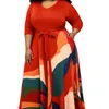 Casual Dresses Style Classic Printed Fashionable V-neck Plus Size Woman Maxi Dress Elegant 3/4 Sleeves High Waist A Line Party