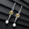 Boucles d'oreilles pendantes géométriques de luxe, longues gouttes d'eau scintillantes, perles carrées, pour femmes, mariage, bijoux de mariée de dubaï, E1127