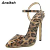 Sandals Aneikeh 2024 New Sexy Pointed Toe Leopard print Pumps Thin High Heel Gladiator Ankle Buckle Strap Party Dress Shoes Brown 35-42 J240126