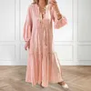 Robes décontractées robe ample couleur unie femmes bohème plage maxi avec col en v manches à bulles femme patchwork a-ligne plissée