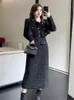 Luxury tweed Two Piece Set Women Outfits Female Vintage Lapel Short Jacka Coatspaghetti Rems Dress Suit Fall Winter Woolen S 240124