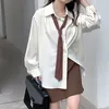Spring Minimalist Long Sleeve Button Up Shirt Women Korean Style Solid Tie Oversize Shirts Blouse Loose Clothes Tops