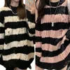 Women's Sweaters Women Long Sleeve O-Neck Jumper Top Ripped Hole Knit Striped Loose Sweater Dress N7YD