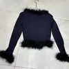 Malhas femininas primavera com decote em v mangas compridas suéteres para mulheres penas de avestruz magro preto doce sexy malha topos roupas femininas y3656