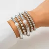 Link pulseiras multicamadas imitação pérola tubo curvo pulseira conjunto para mulheres meninas ouro prata cor personalidade artesanal frisado