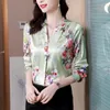 Kvinnor BLOUSES Fashion Satin Women 2024 Vintage Simple Long Sleeve V-Neck Shirts Print Women Casual Clothing Basic Floral Tops