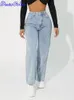 Denimcolab taille haute jambe droite jean femme Style Simple décontracté coton Denim pantalon dames lâche Streetwear 240123
