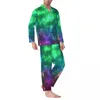 Ropa de dormir para hombres Conjuntos de pijamas de gran tamaño estéticos con estampado colorido de primavera y galaxia verde, traje para casa con patrón de dormitorio suave de manga larga para hombres