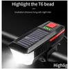 Cykelbelysning LED Solenergibelysning USB -laddningsbar front med horn utomhuscykelhuvud IP65 Vattentät lampa Drop Delivery Sports OU OTF7D