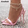 Sandálias Aneikeh Sexy PU Raso Sandálias de Salto Alto Mulheres Verão 2024 Novo Dedo Apontado Metal Corrente Sapatos Moda Fivela Strap Party Costura J240126