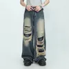 Mäns jeans nödställda vintage hög midja bred ben kvinnor med rippade hål fickor hopp streetwear denim byxor för en snygg