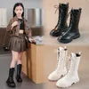 Boots White Black Children's Knee-high For Girls Leather Shoes Zipper Lace-up 3-13Years Old Kids Fashion Autumn Winter