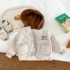 7851 Kinder-Kapuzenmantel, Wintermode, für Babys, Jungen, verdickte, wattierte Jacke, Kontrastfarbe, Mädchen 240122