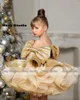 Girl Dresses 2024 Year Girl's Christmas Party Puffy A-line Gold Evening Gown For Kids Mini Prom Outfit Bow Flower Dress