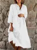 Robes décontractées Élégant coton lin femmes robe mode printemps été trois quarts manches bouton solide plage