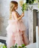 Girl Dresses Simple Pink Layered Flower Dress For Wedding Sleeveless Tulle Puffy Princess First Communion Party Dream Kids Gift