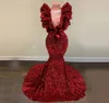 2024 Bourgogne paljett prom klänning ruffles v hals sjöjungfru svart flicka kväll formella klänningar födelsedag bärvafrican mantel de soiree vestidos de fiesta